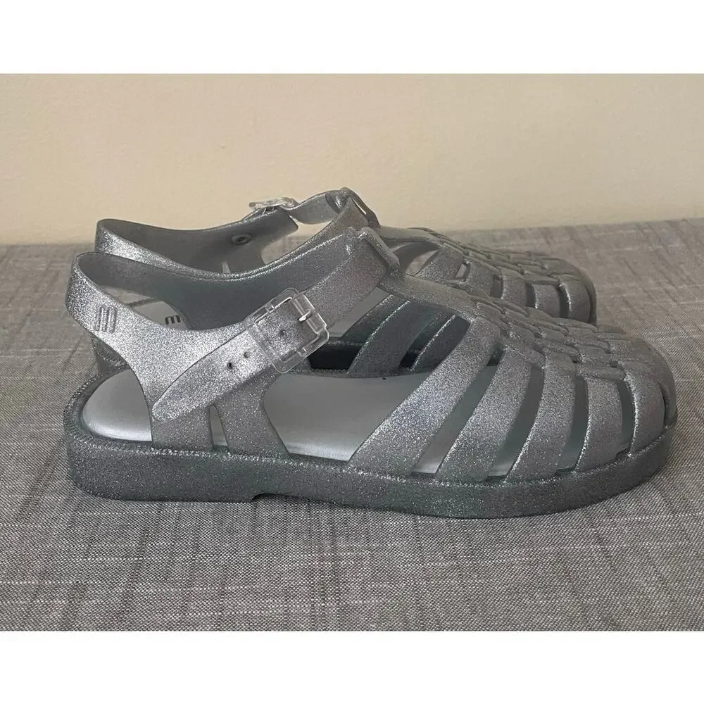 New Melissa Possession Girls Size 5 Silver Glitter Jelly Sandals